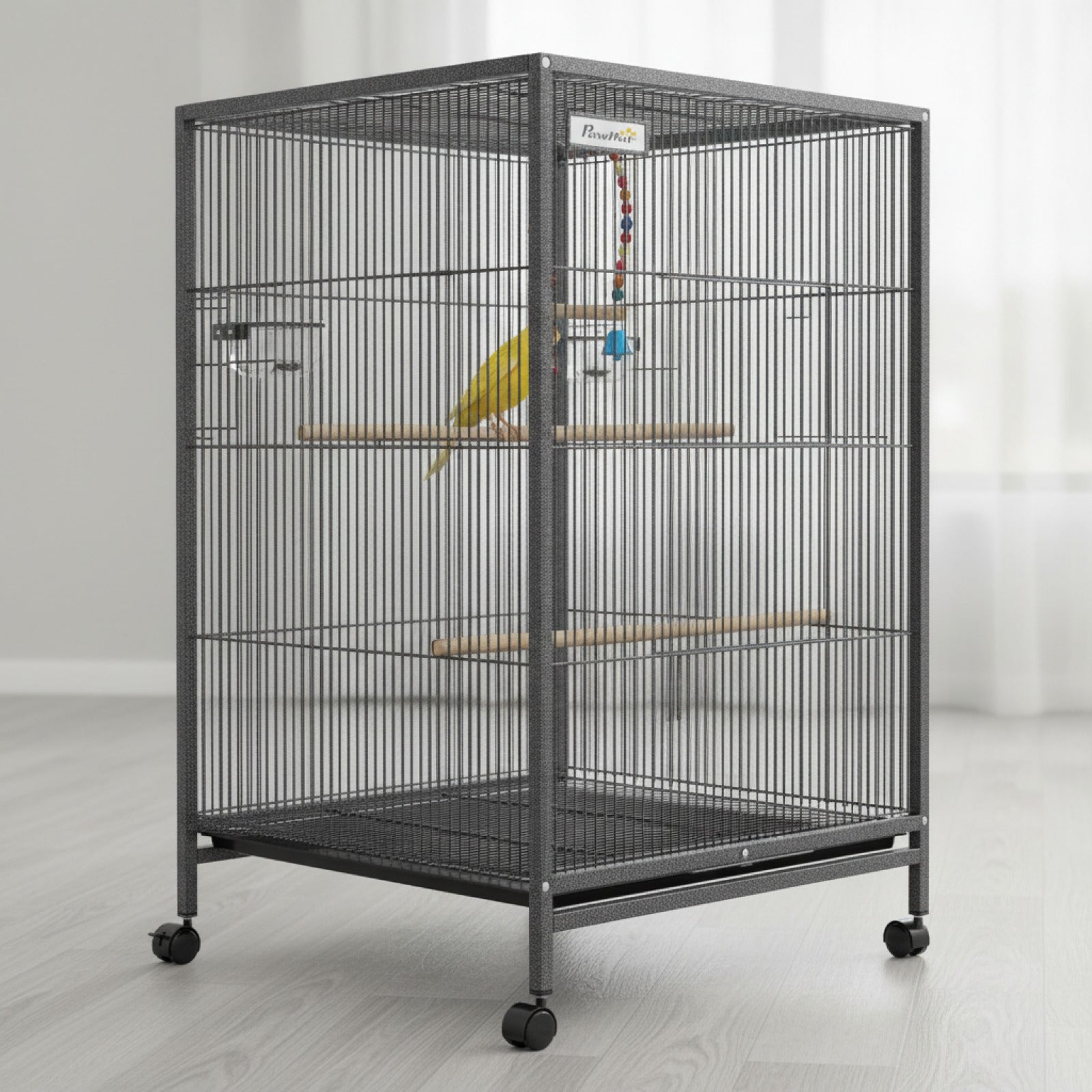 Volière sur pied à roulettes – Acier noir & accessoires inclus
