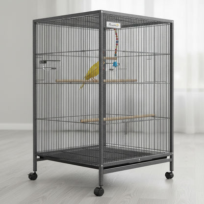 Volière sur pied à roulettes – Acier noir & accessoires inclus