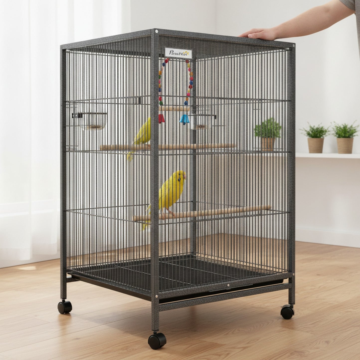 Volière sur pied à roulettes – Acier noir & accessoires inclus