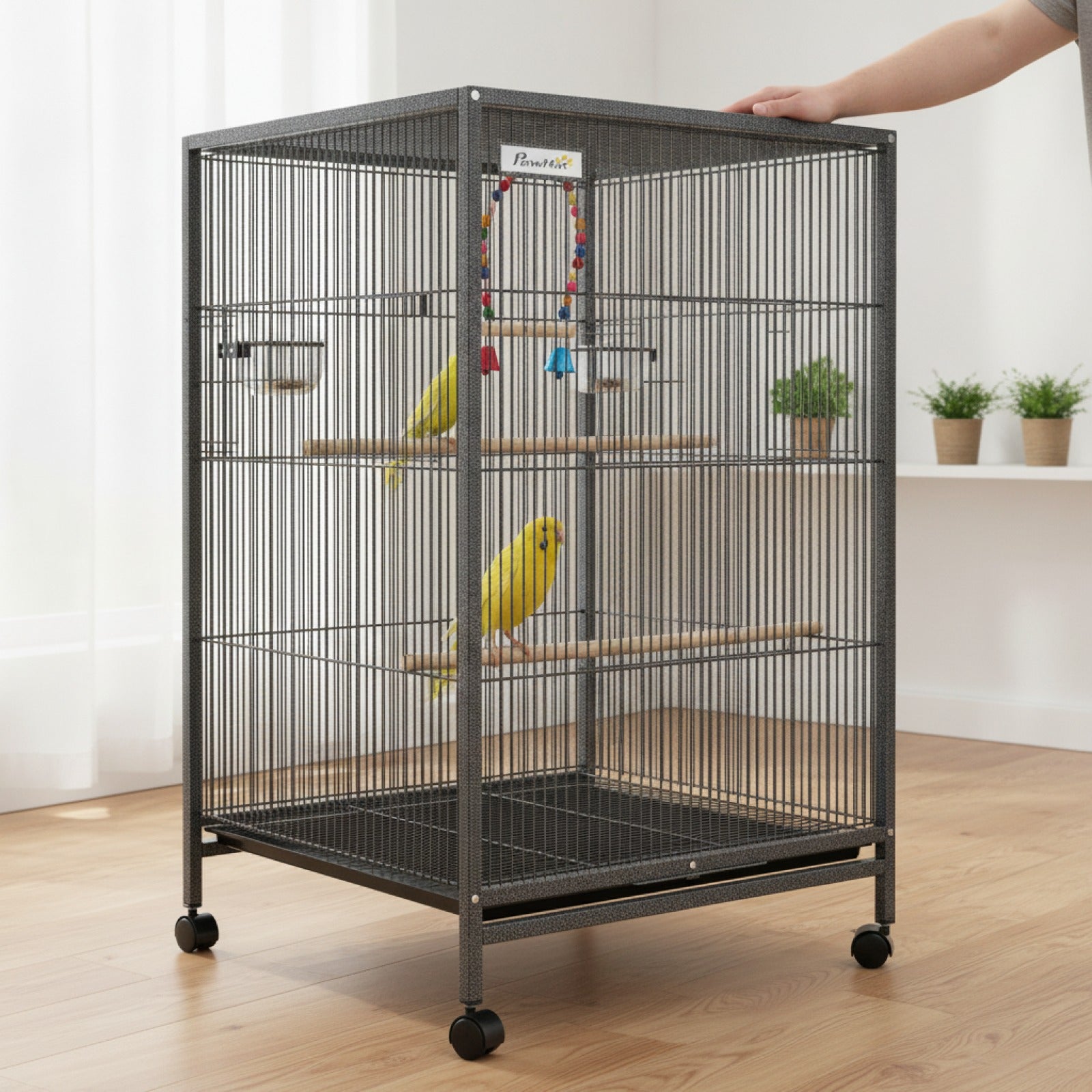 Volière sur pied à roulettes – Acier noir & accessoires inclus