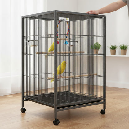 Volière sur pied à roulettes – Acier noir & accessoires inclus
