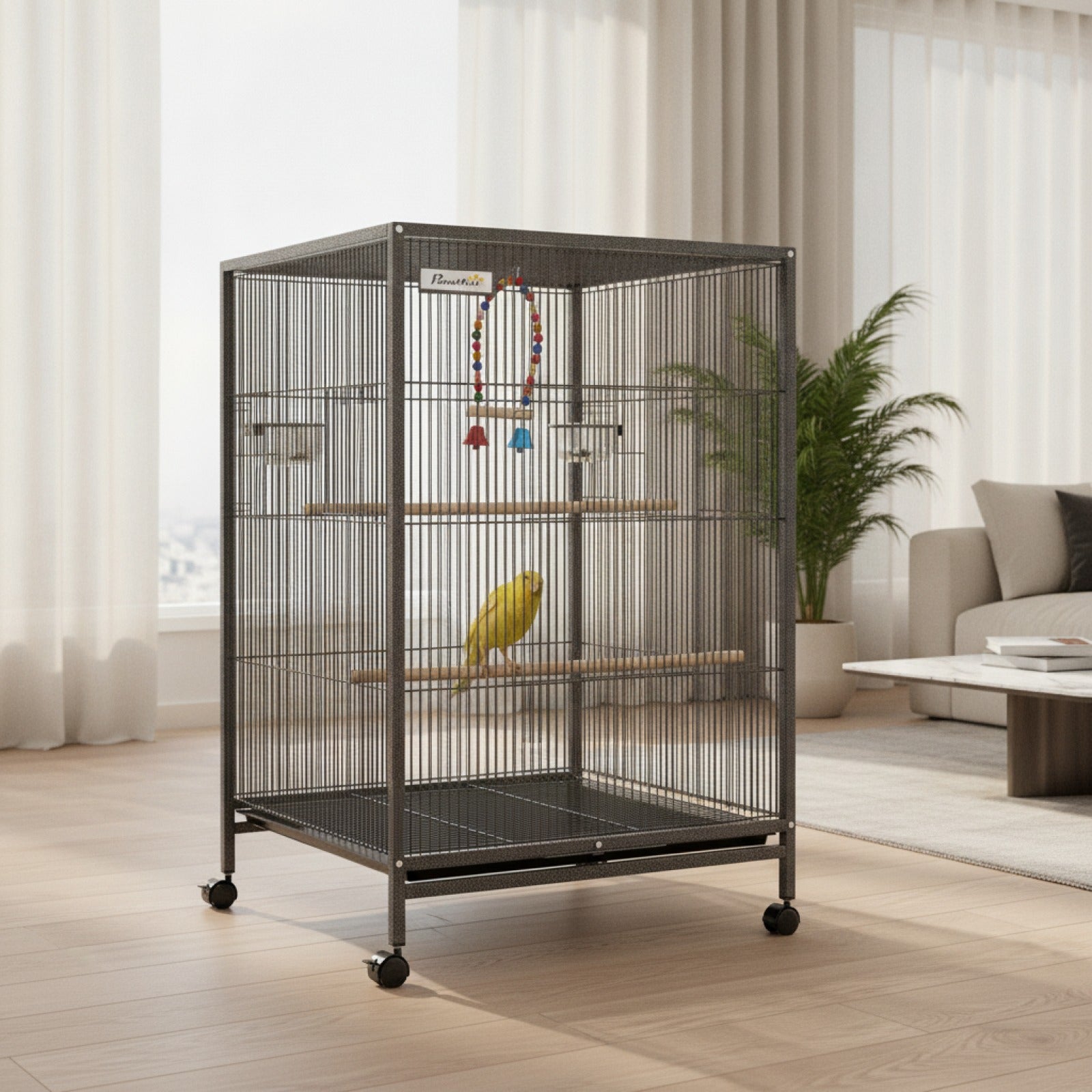 Volière sur pied à roulettes – Acier noir & accessoires inclus